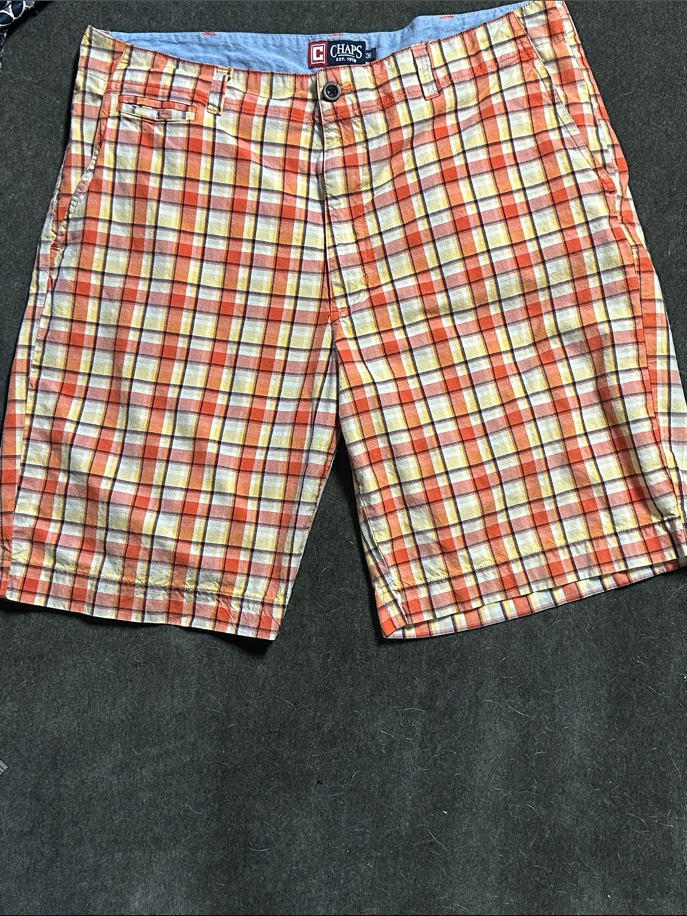 Chaps Men’s Plaid Flat Front Shorts Size 36 Orange Blue Cotton Preppy Golf